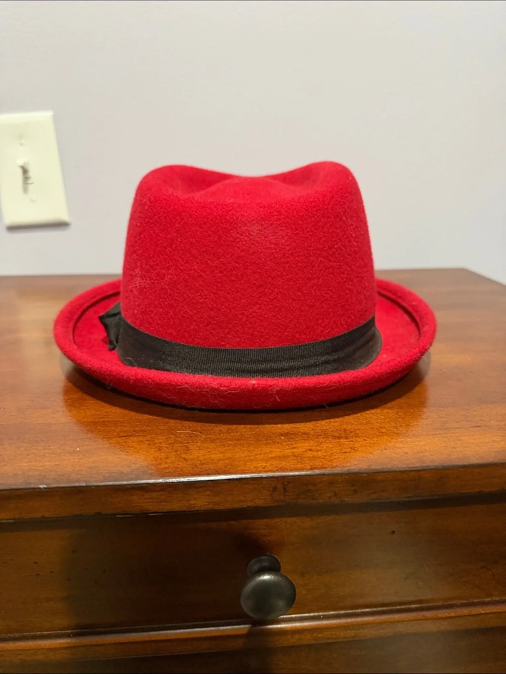Women’s Red Wool Fedora with Black Tie Band